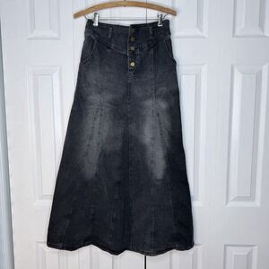 CHARTOU Retro Exposure Button-fly Hip A-line Maxi Long Denim Gray Skirt Sz Small
